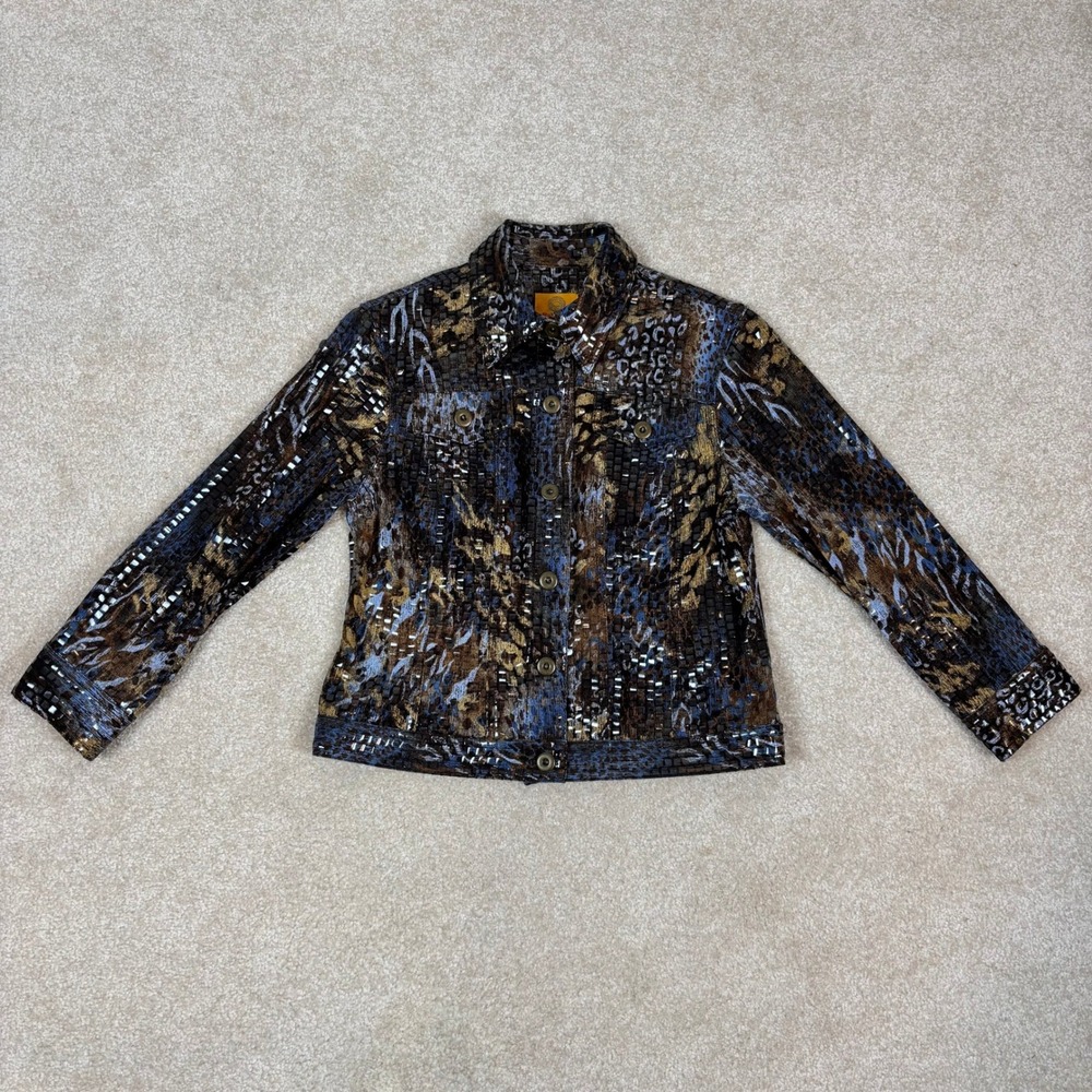 Ruby Rd Petite Animal Print Textured Button Front Jacket Brown Blue Gold 4P